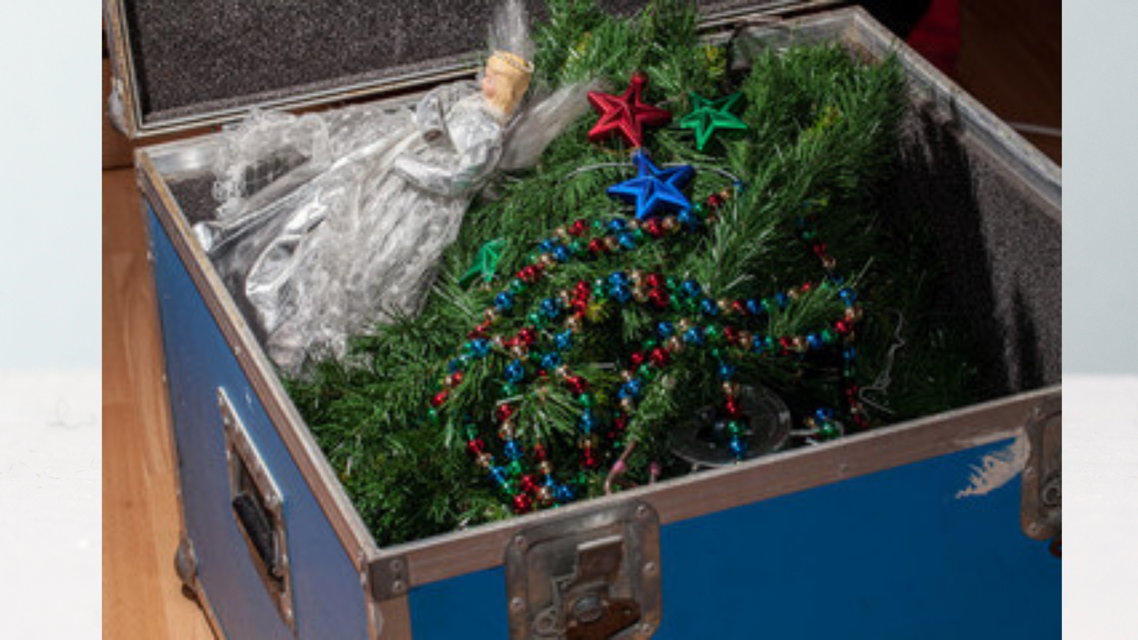 Christmas decorations packed in box.